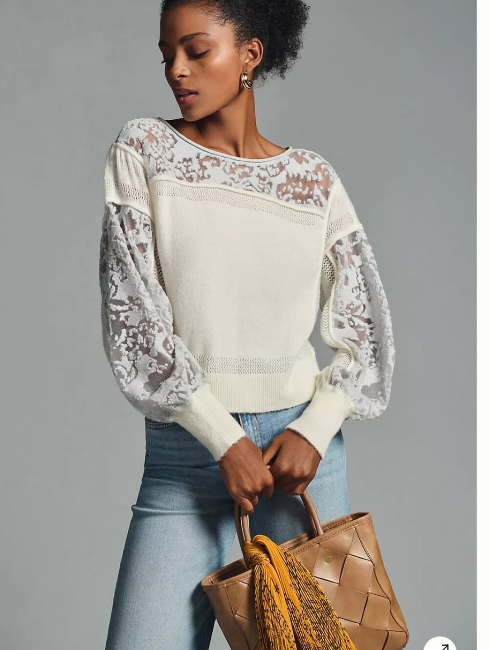 ANTHROPOLOGIE WOOL BLEND SHEER BALLOON SLEEVE LACE SWEATER IVORY SZ L